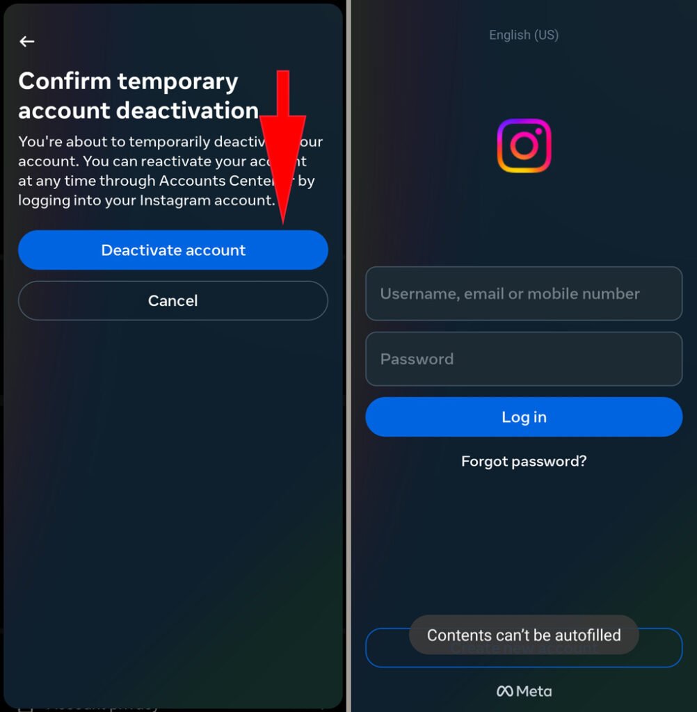حذف موقت اکانت اینستاگرام با موبایل 