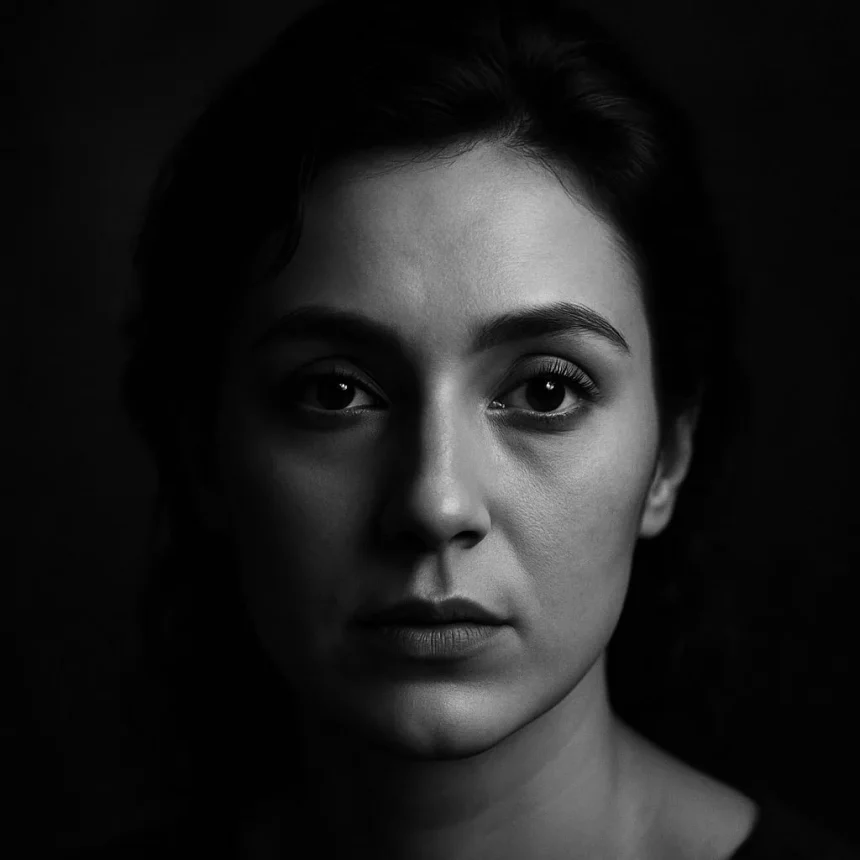 پرتره سیاه سفید از یک خانم از نزدیک